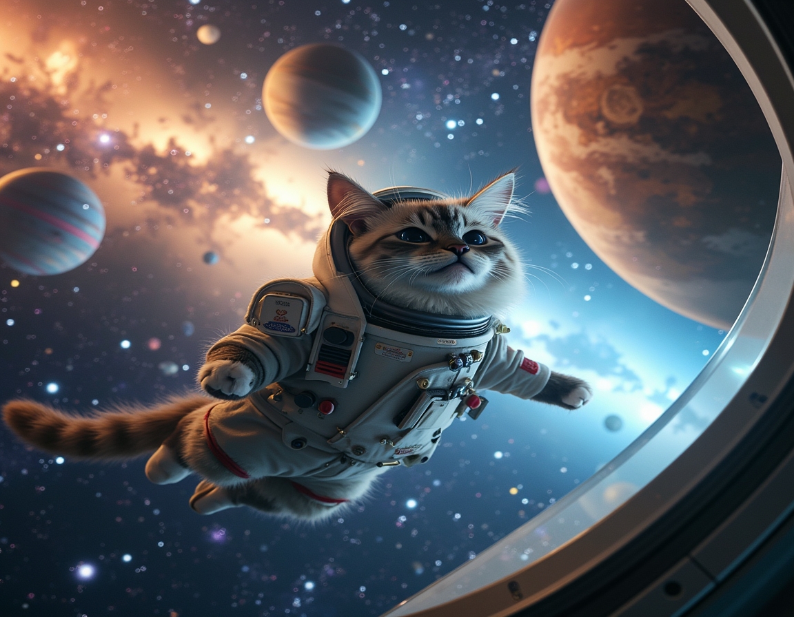 Cat floats weightlessly in space, wearing a high-tech spacesuit. Vibrant planets, shining stars, and distant nebulae create a stunning cosmic backdrop.